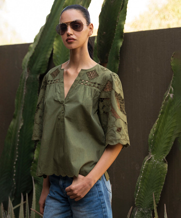 Rose & Rose Delphinium Top in Olive - front