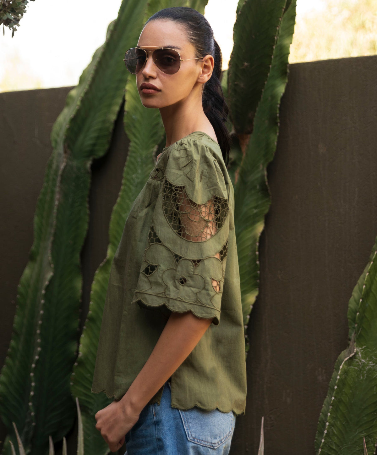 Rose & Rose Delphinium Top in Olive - styled