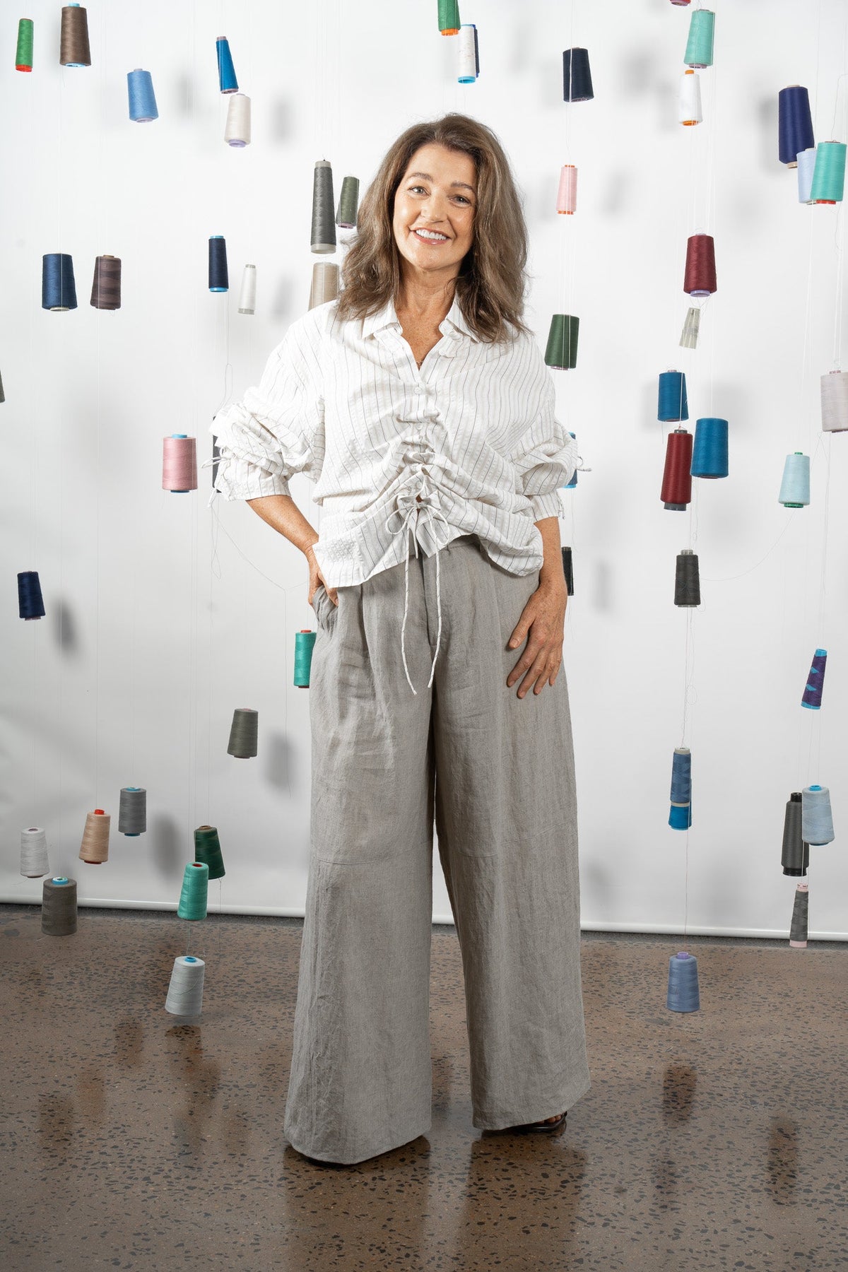 M.A. Dainty Downtown Linen Pant in Sand, styled