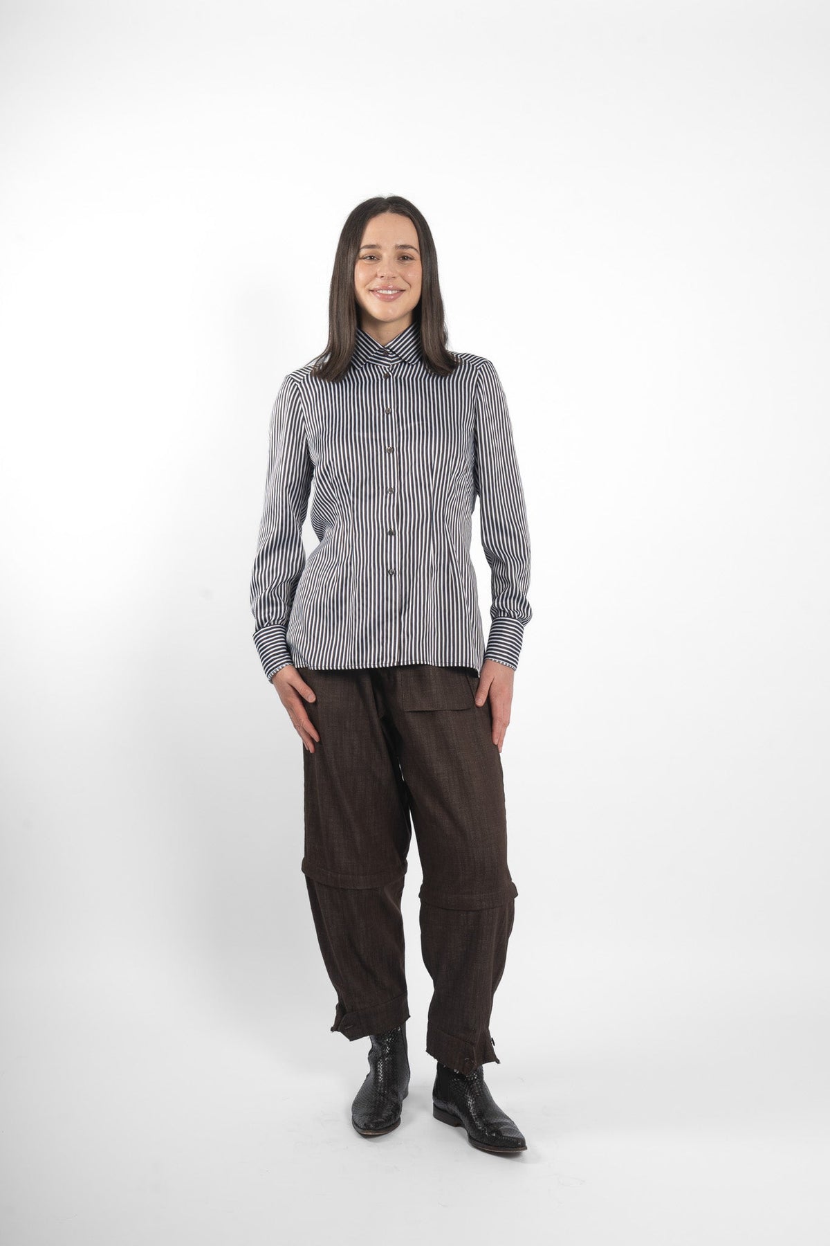 M.A. Dainty Keyes blue and brown stripe shirt — side view