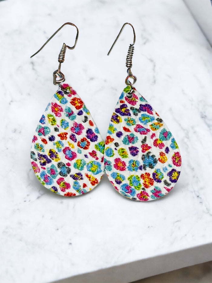 Leather Teardrop Earring "Leopard Rainbow"