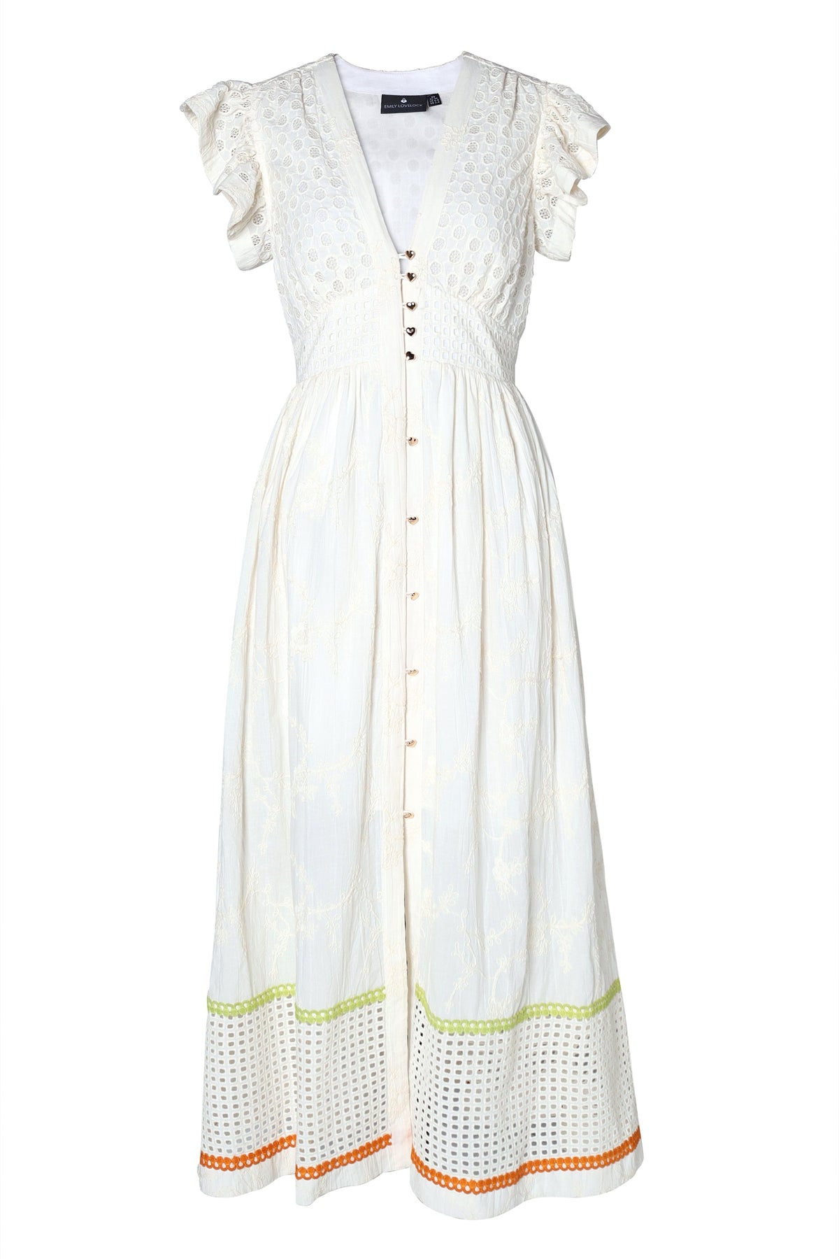 Emily Lovelock Madeline Broderie Anglaise Dress in ivory - front view