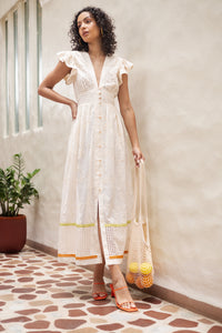 Emily Lovelock Madeline Broderie Anglaise Dress in ivory - cutwork lace hem detail