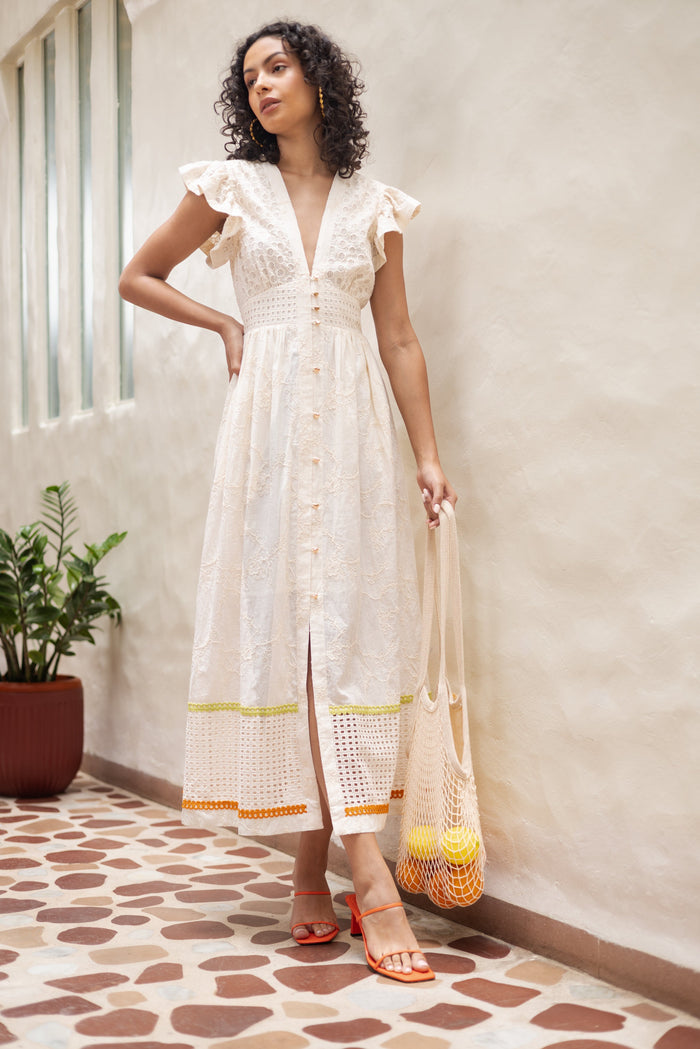 Emily Lovelock Madeline Broderie Anglaise Dress in ivory - cutwork lace hem detail