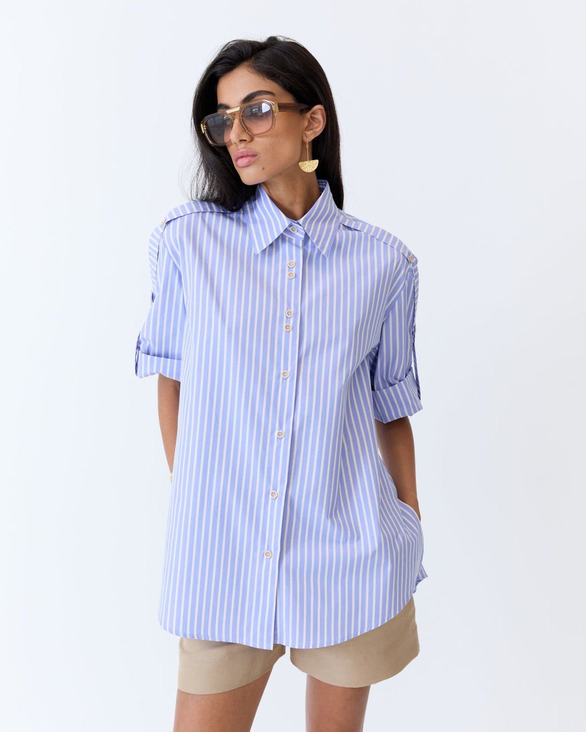 Eder by Anna Bellini Shirt in Blue Latte Stripe - front