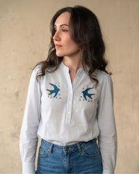Marie Louise De Monterey Swallow Blouse Blue Pin Stripe