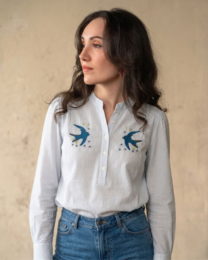 Marie Louise De Monterey Swallow Blouse Blue Pin Stripe
