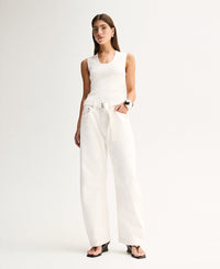 Elka Collective Mayfield Denim Pant in ivory - wide leg white denim with tie belt