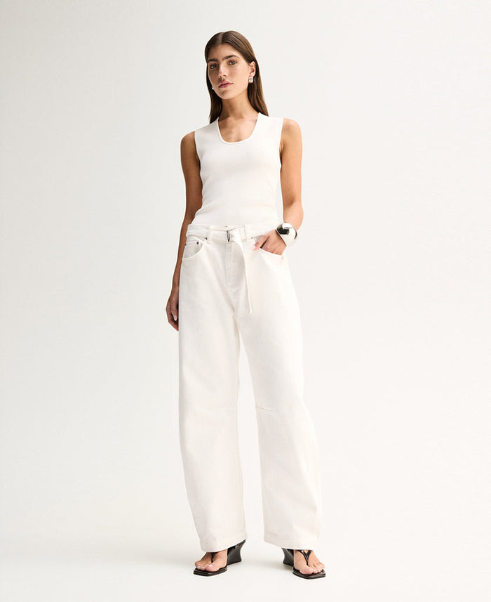 Elka Collective Mayfield Denim Pant in ivory - wide leg white denim with tie belt