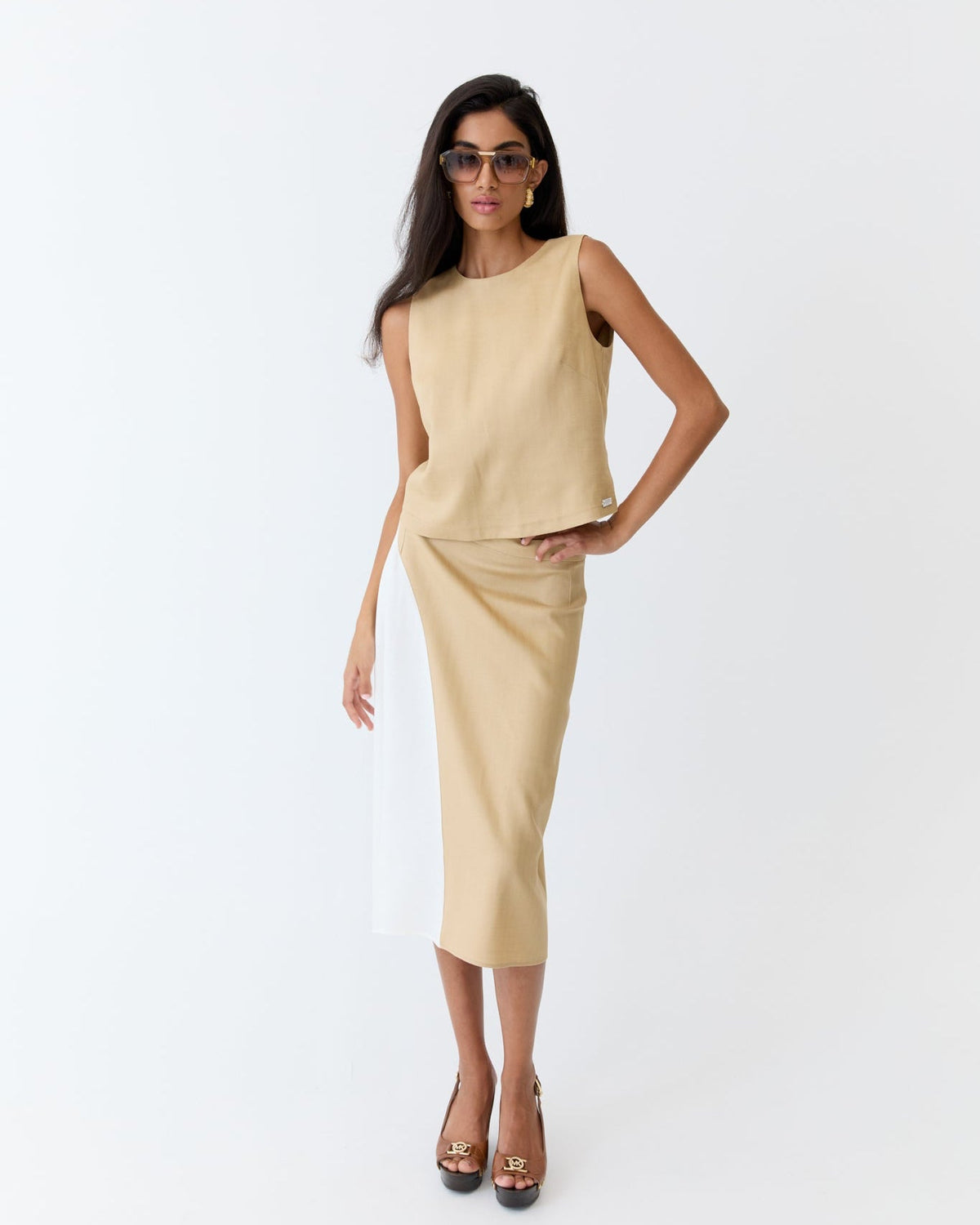 Eder by Anna Splice Skirt Caramel and Off White Herringbone