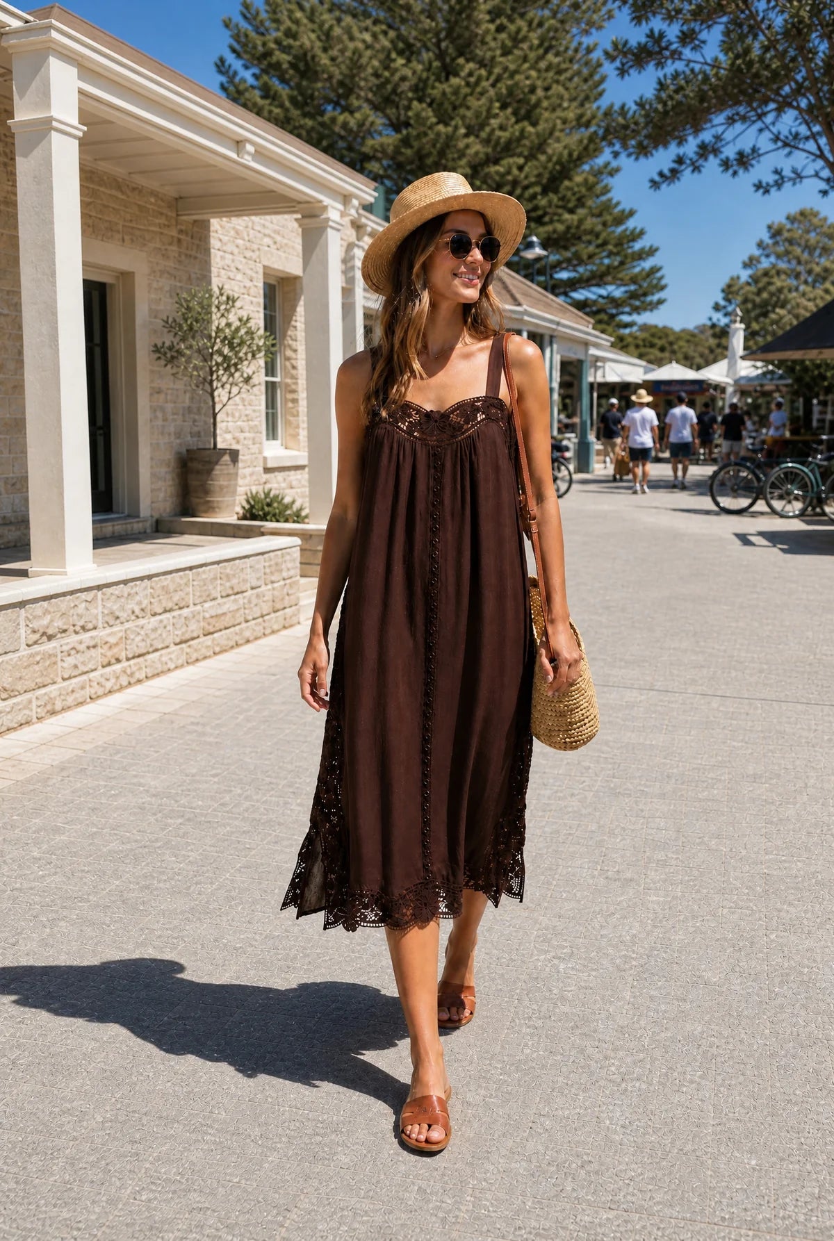 Lola - Lido Linen & Lace Maxi Dress - Chocolate