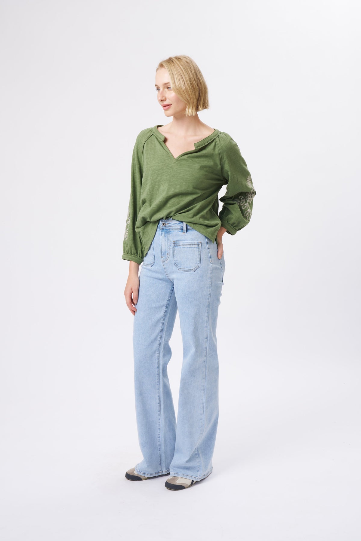 Kireina Harper Jean in Sky Blue, side view showing wide leg flare