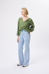 Kireina Harper Jean in Sky Blue, side view showing wide leg flare