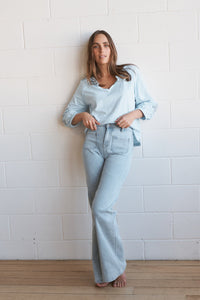 Kireina Harper Jean in Sky Blue, high rise wide leg stretch denim jean