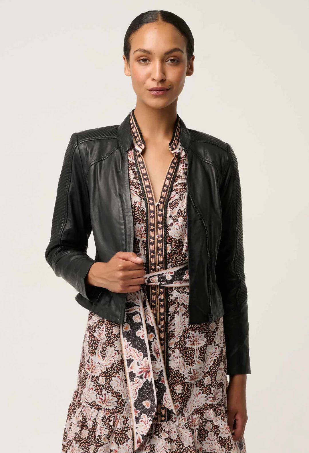 Once Was -  Blaire Leather Herringbone Black Jacket