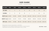 OnceWas size guide - Australian sizing