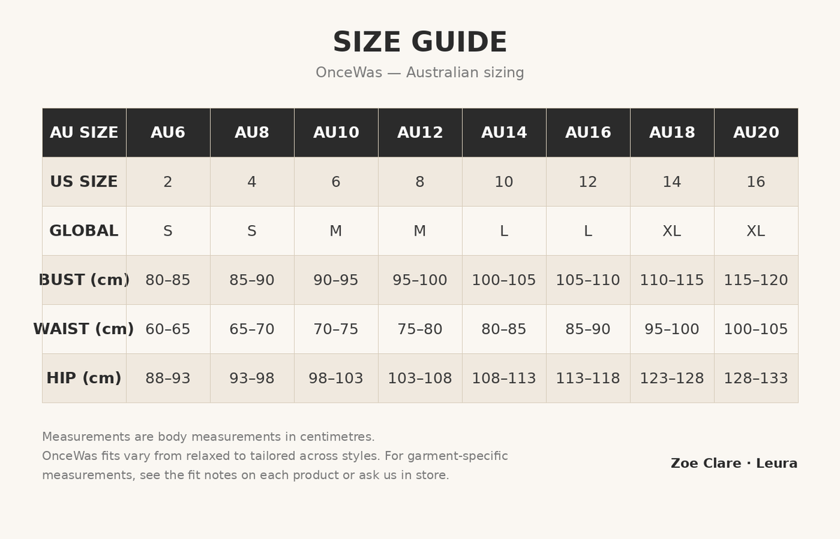 OnceWas size guide - Australian sizing