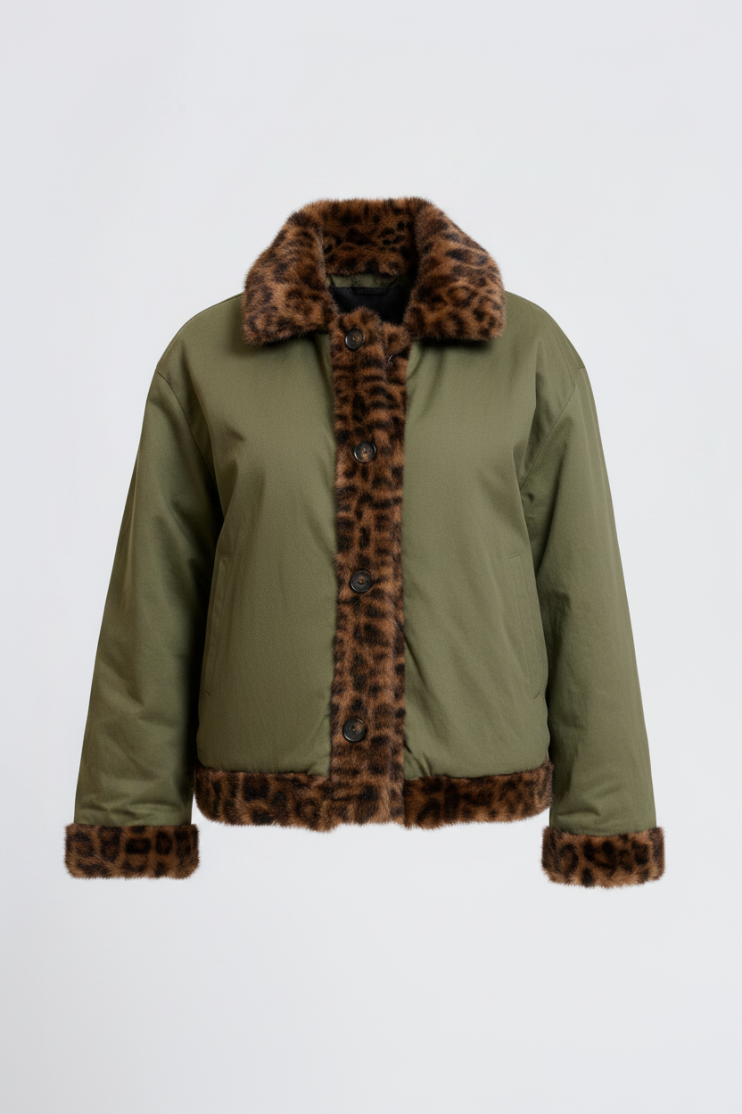 Shirty - Leopard Reverso Short Faux Fur Trench Coat