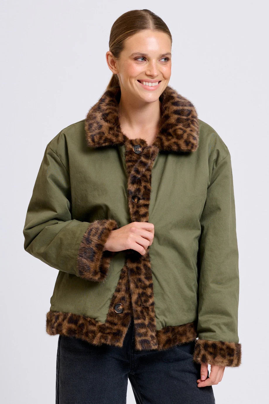 Shirty - Leopard Reverso Short Faux Fur Trench Coat