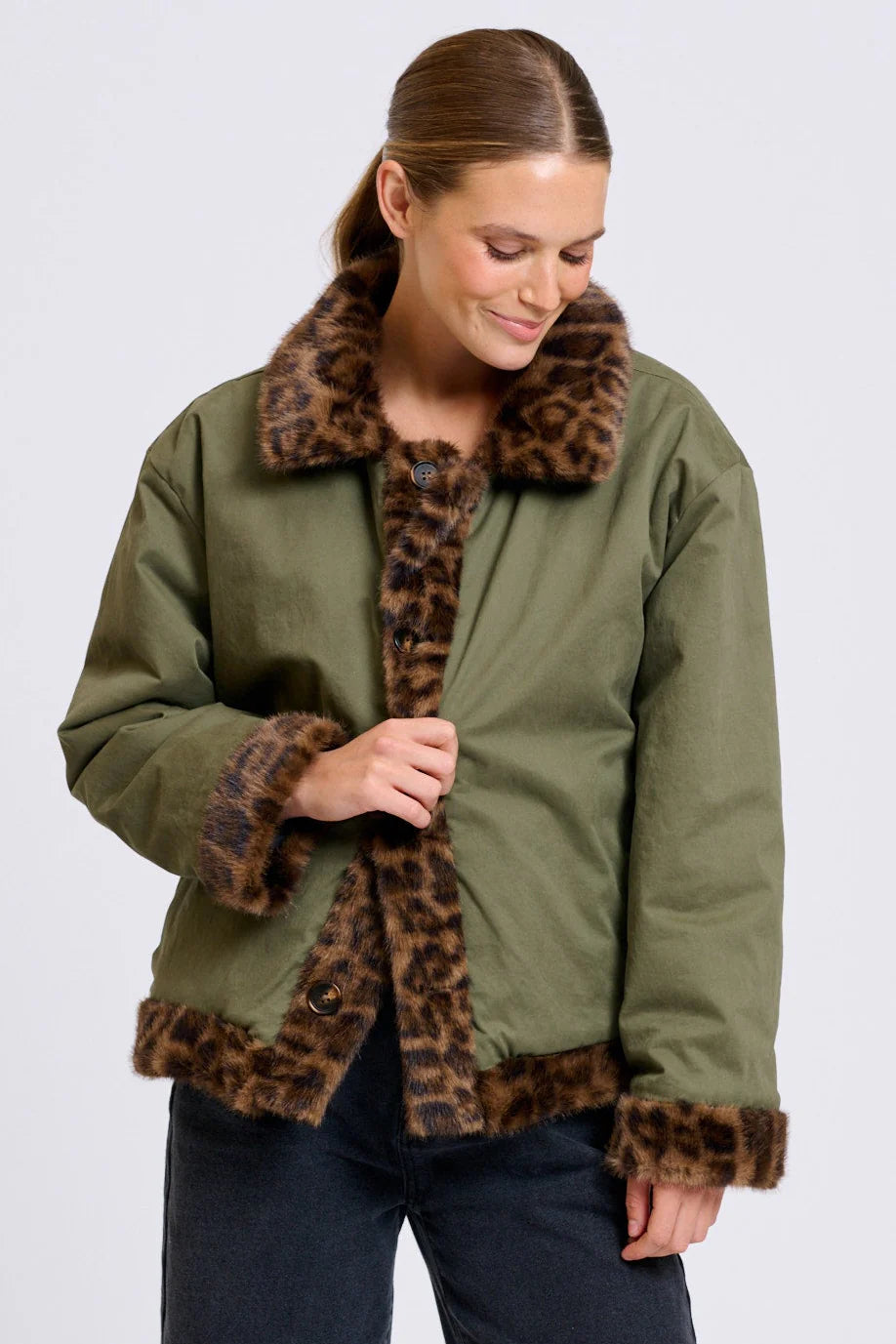 Shirty - Leopard Reverso Short Faux Fur Trench Coat