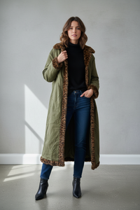 Shirty - Leopard Reverso Long Faux Fur Trench Coat