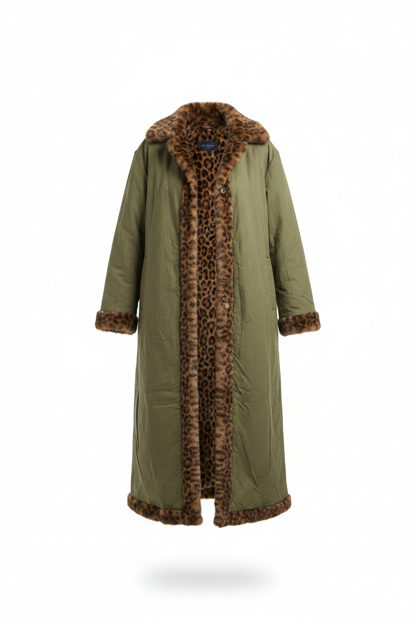 Shirty - Leopard Reverso Long Faux Fur Trench Coat