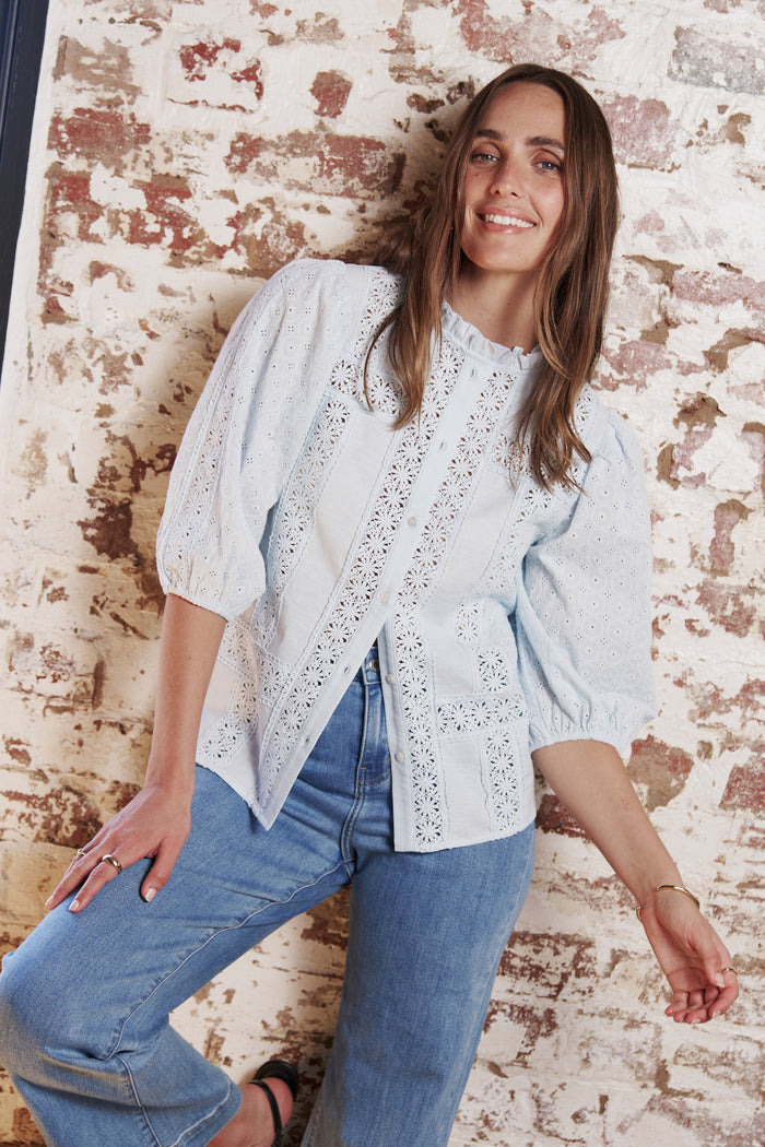 Kireina Isabella Shirt in Powder Blue, embroidered cotton-linen shirt with lace detail and ruffled collar