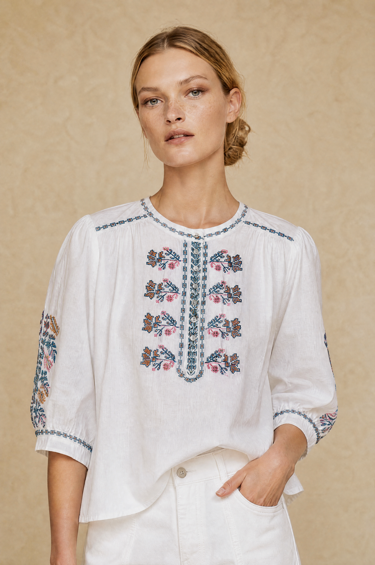 Lola Jane Embroidered Shirt in white with blue embroidery