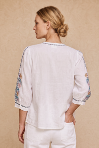 Lola Jane Embroidered Shirt in white with blue embroidery, back view