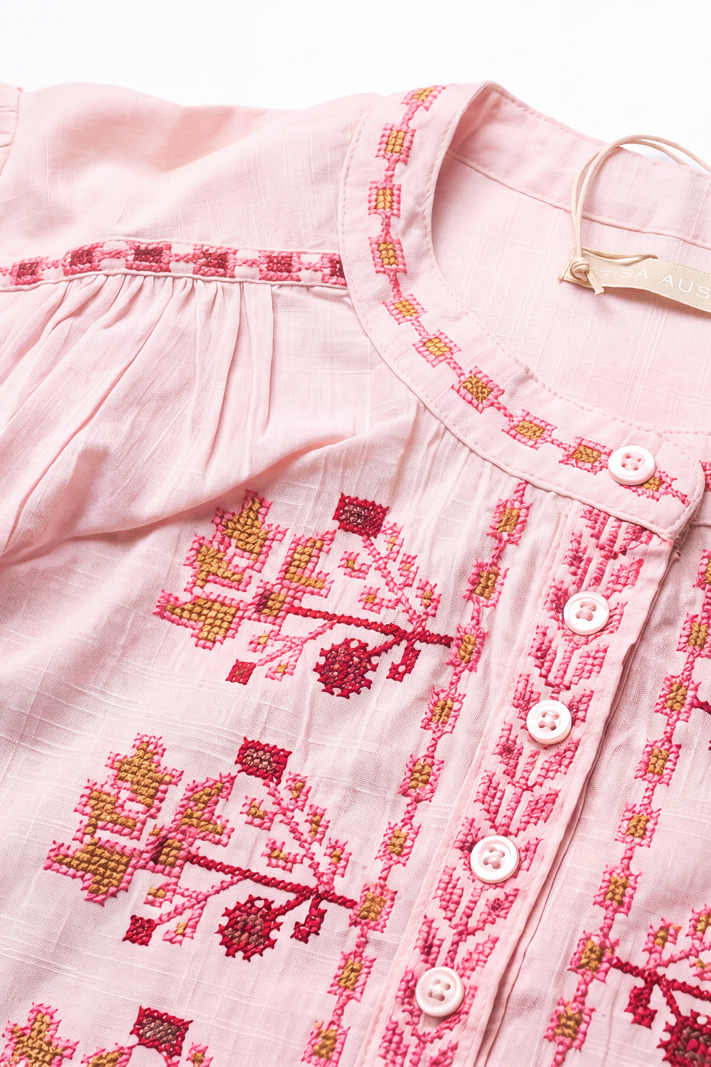 Lola Jane Embroidered Shirt in Dakota Pink, embroidery detail