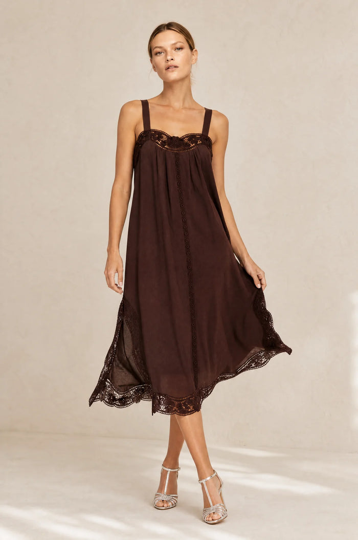 Lola - Lido Linen & Lace Maxi Dress - Chocolate