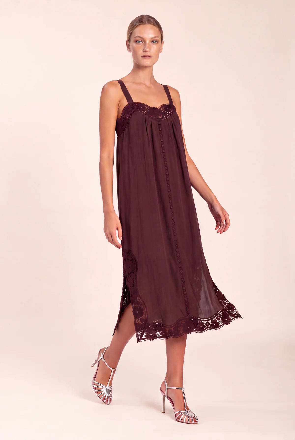Lola - Lido Linen & Lace Maxi Dress - Chocolate
