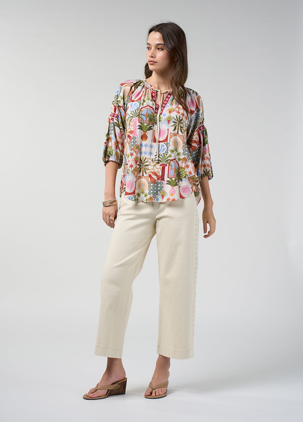 Loobies Story Jaffna Blouse in Bone Multi - front