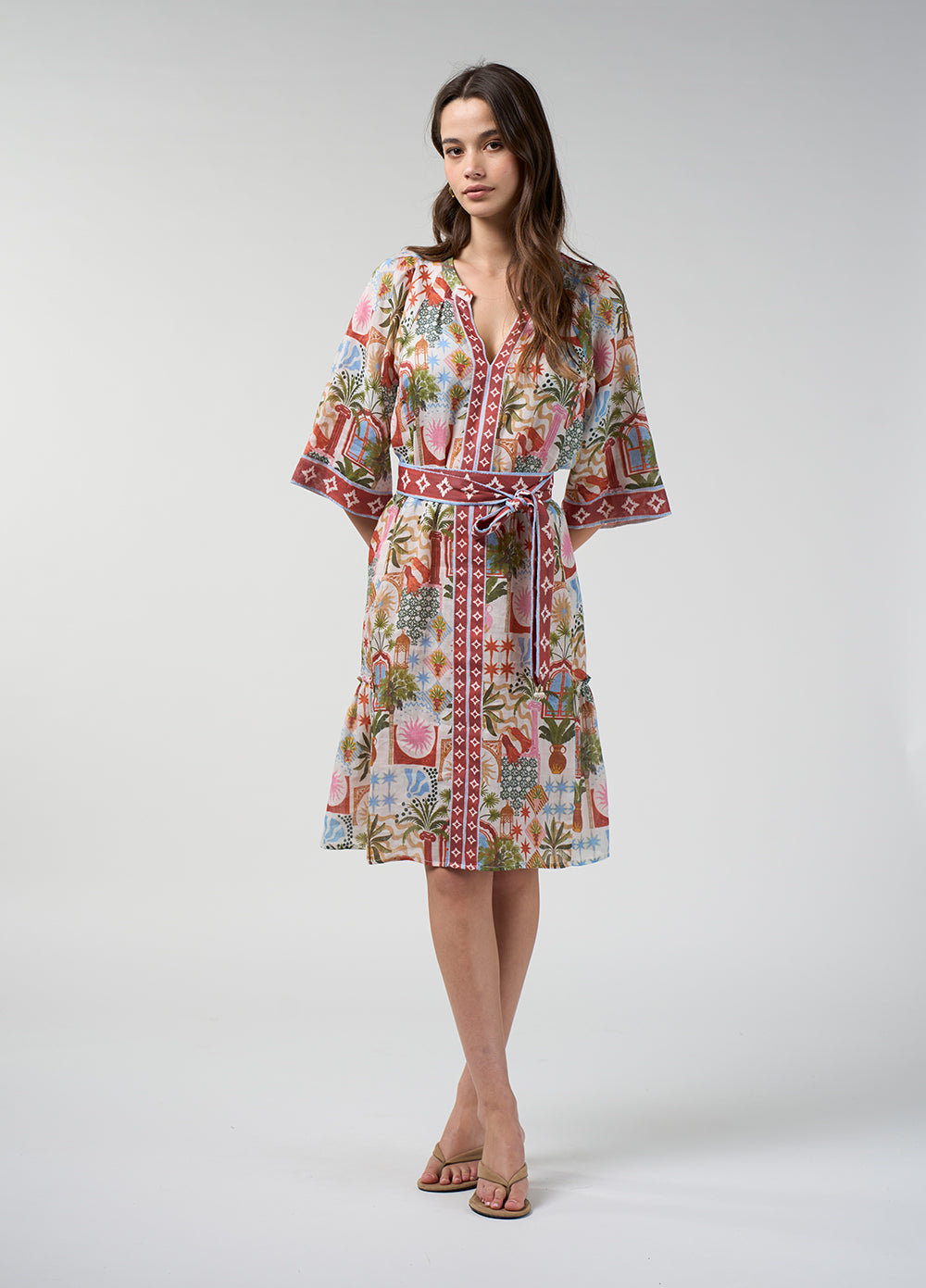 Loobies Story Jaffna Dress in Bone Multi - front with tie