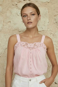 Lola Lido Linen and Lace Top in pink, detail