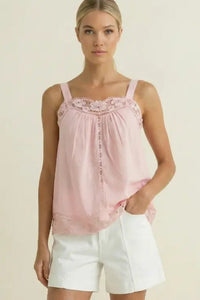 Lola Lido Linen and Lace Top in pink, back