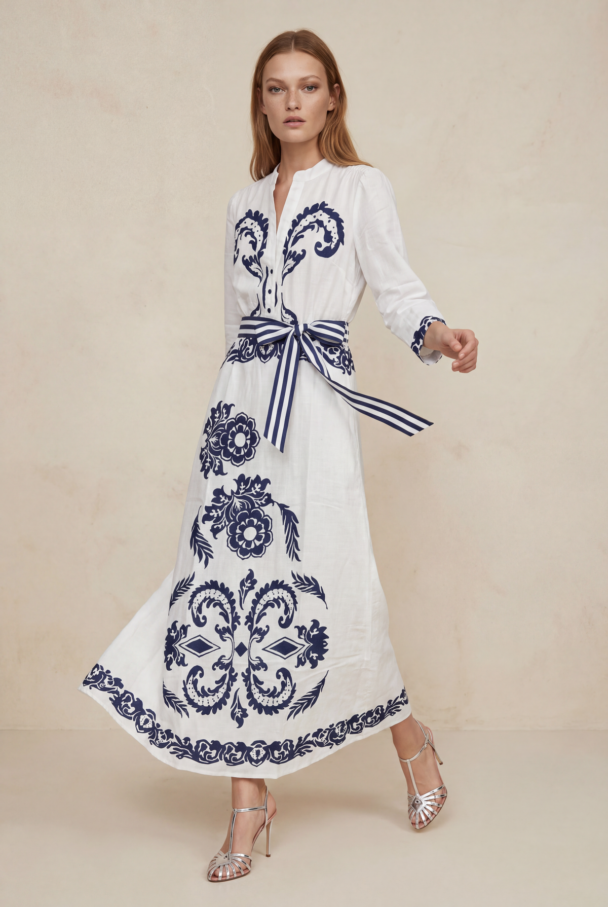 Lola Mary Cotton Maxi Dress in Jewel White Navy