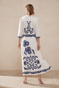 Lola Mary Cotton Maxi Dress in Jewel White Navy, back view
