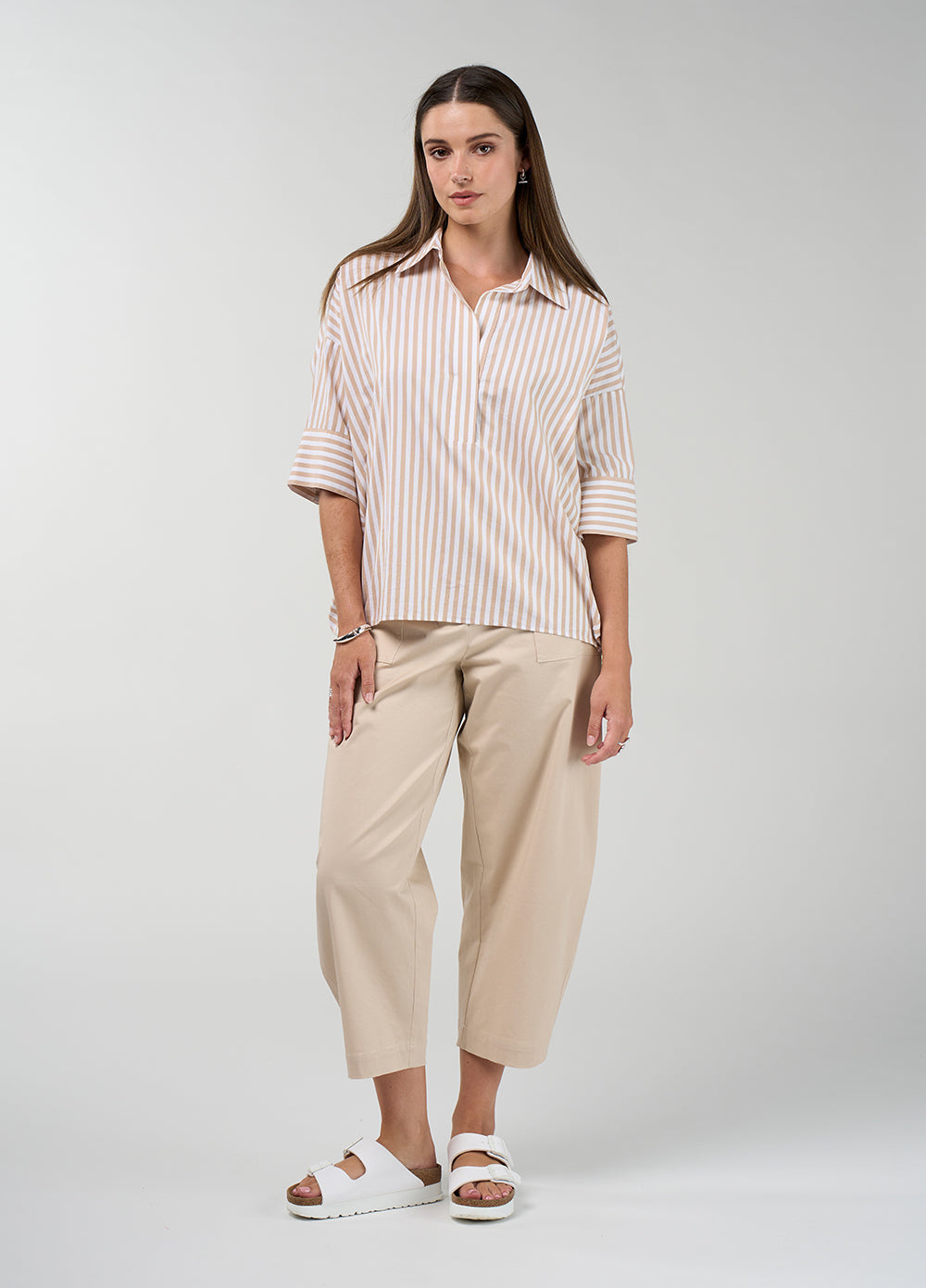 Madly Sweetly Connect Stripe Shirt in Stone - front
