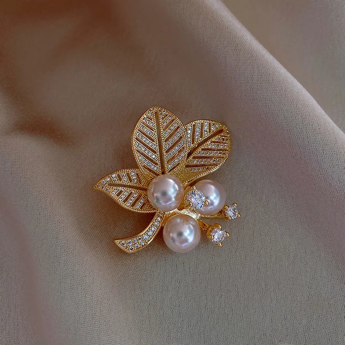 Rhinestone & Pearl Leaf Brooch