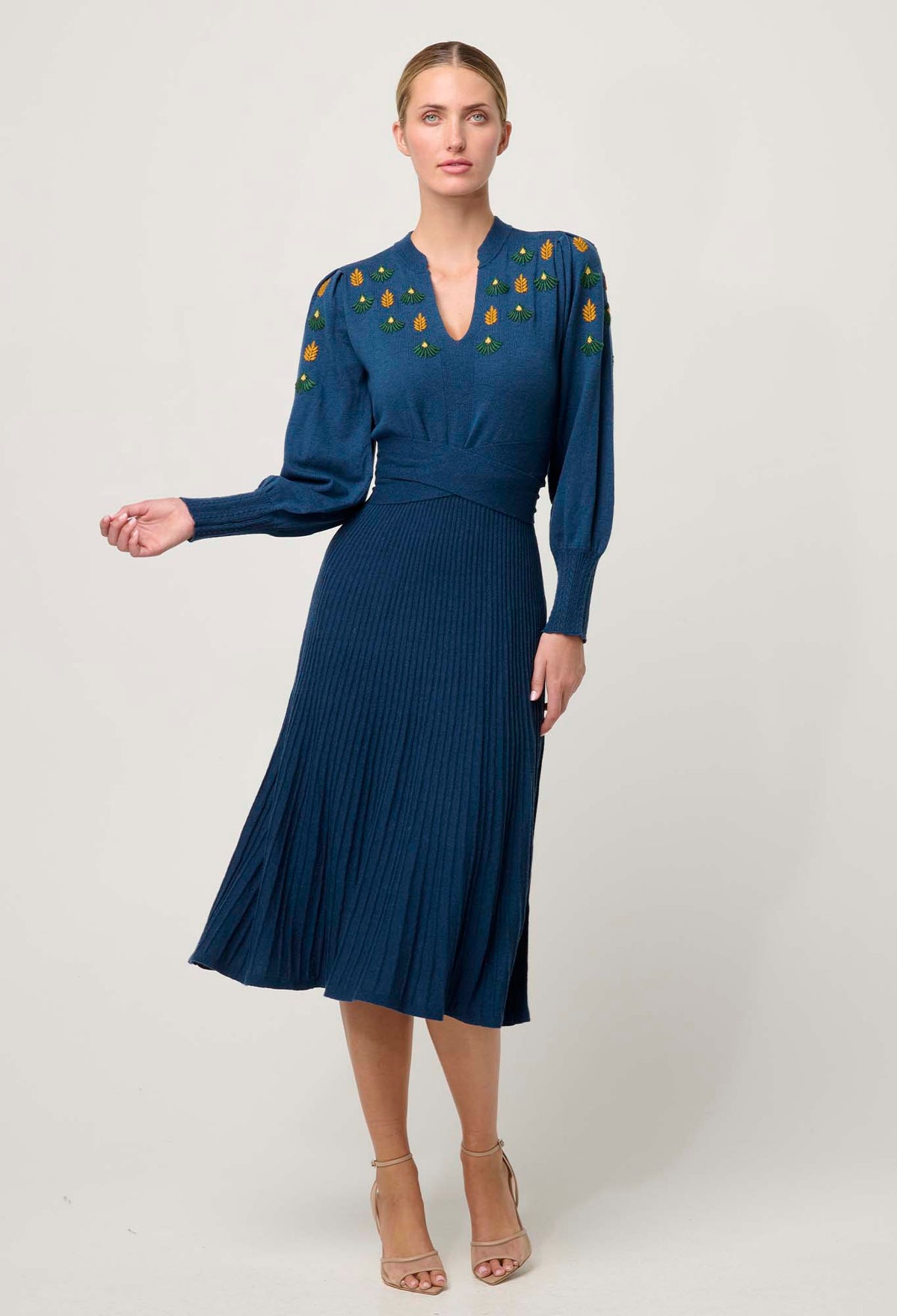Once Was Amor Placement Embroidered Blue Merino Wool Blend Belted Dress