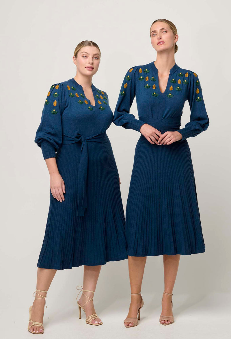 Once Was Amor Placement Embroidered Blue Merino Wool Blend Belted Dress