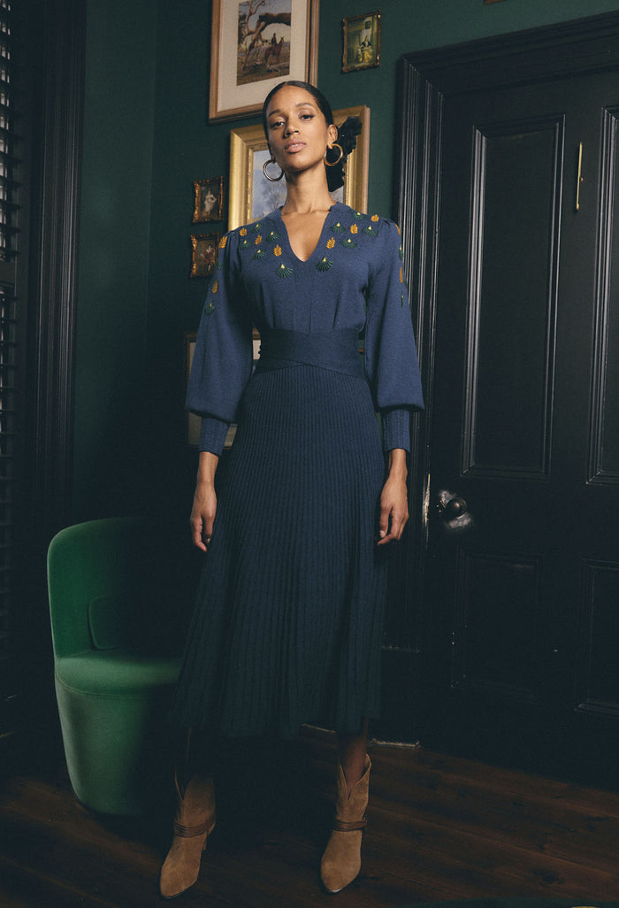 Once Was - Amor Placement Embroidered Merino Wool Blend Belted Dress