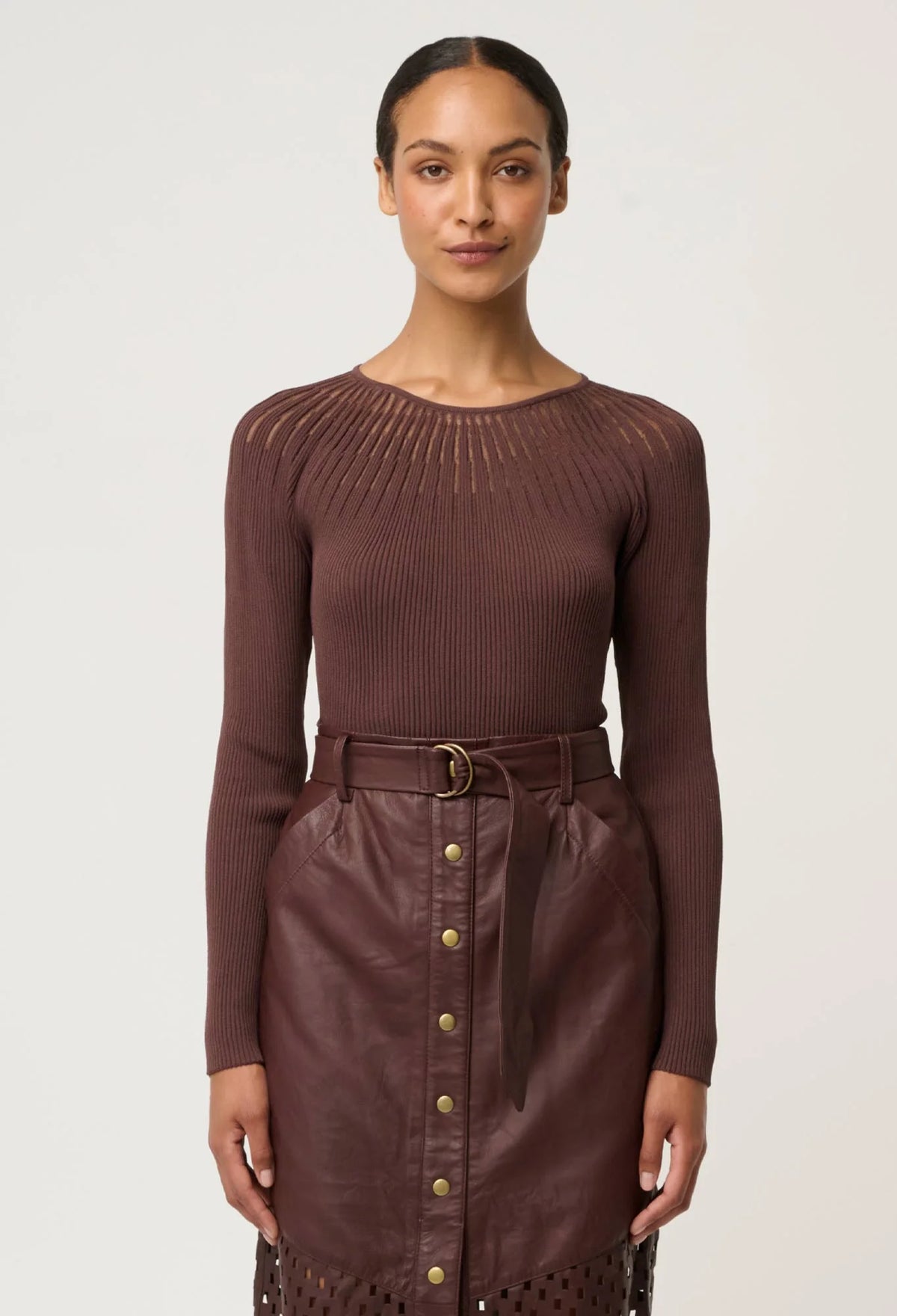 Once Was - Rhiannon Viscose Nylon Sheer Knit Top in Mocha