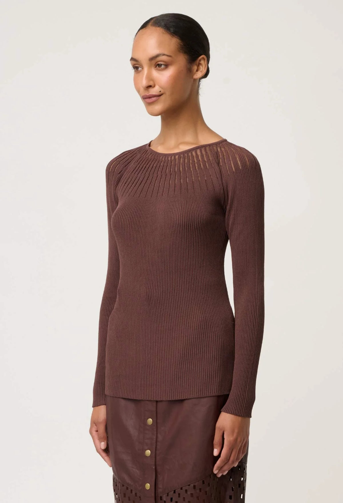 Once Was - Rhiannon Viscose Nylon Sheer Knit Top in Mocha