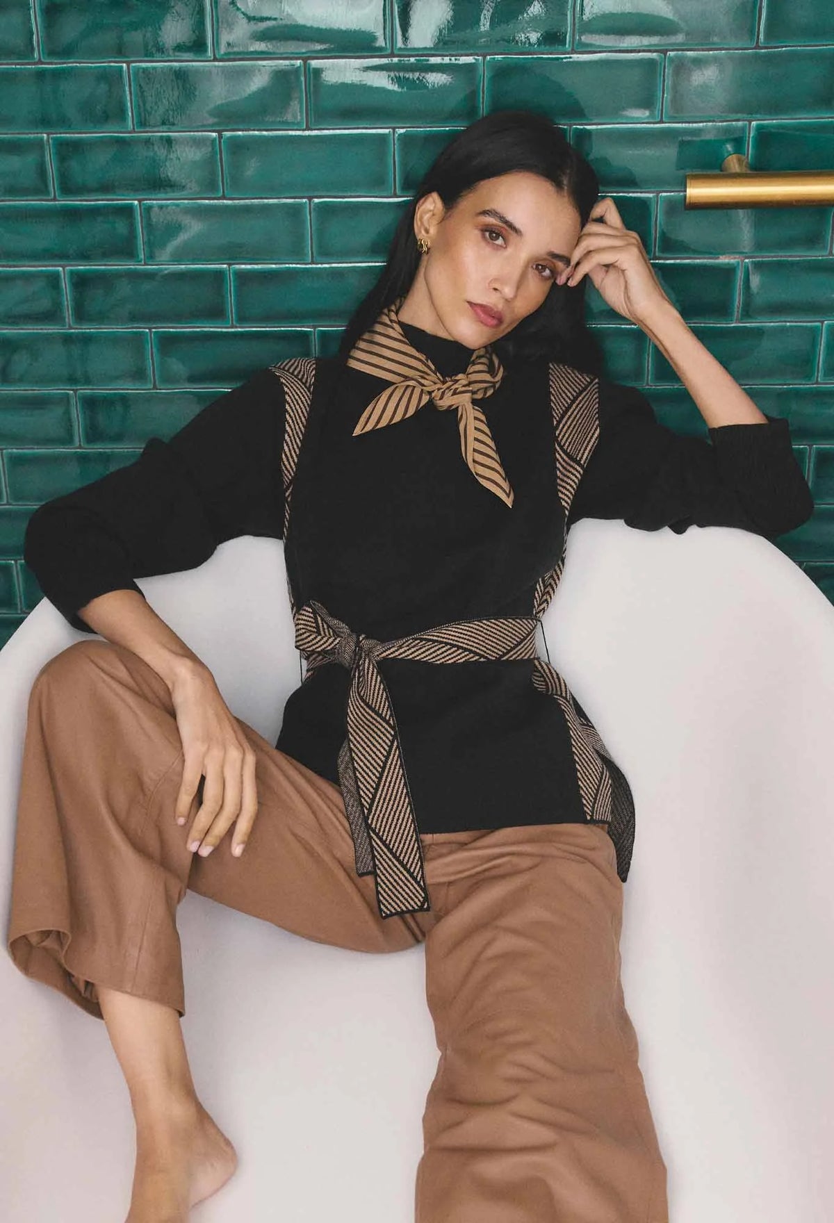 Once Was - Nomadic High Neck Wool Viscose Blend Sweater in Black Chevron