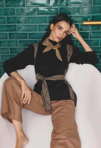 Once Was - Nomadic High Neck Wool Viscose Blend Sweater in Black Chevron