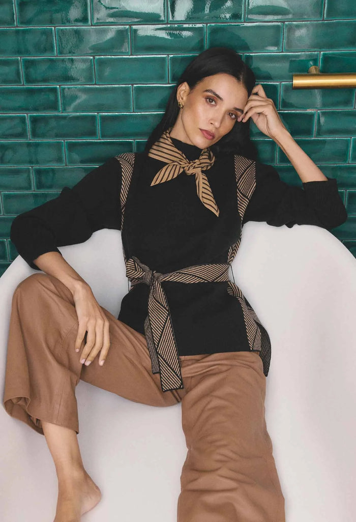 Once Was - Nomadic High Neck Wool Viscose Blend Sweater in Black Chevron