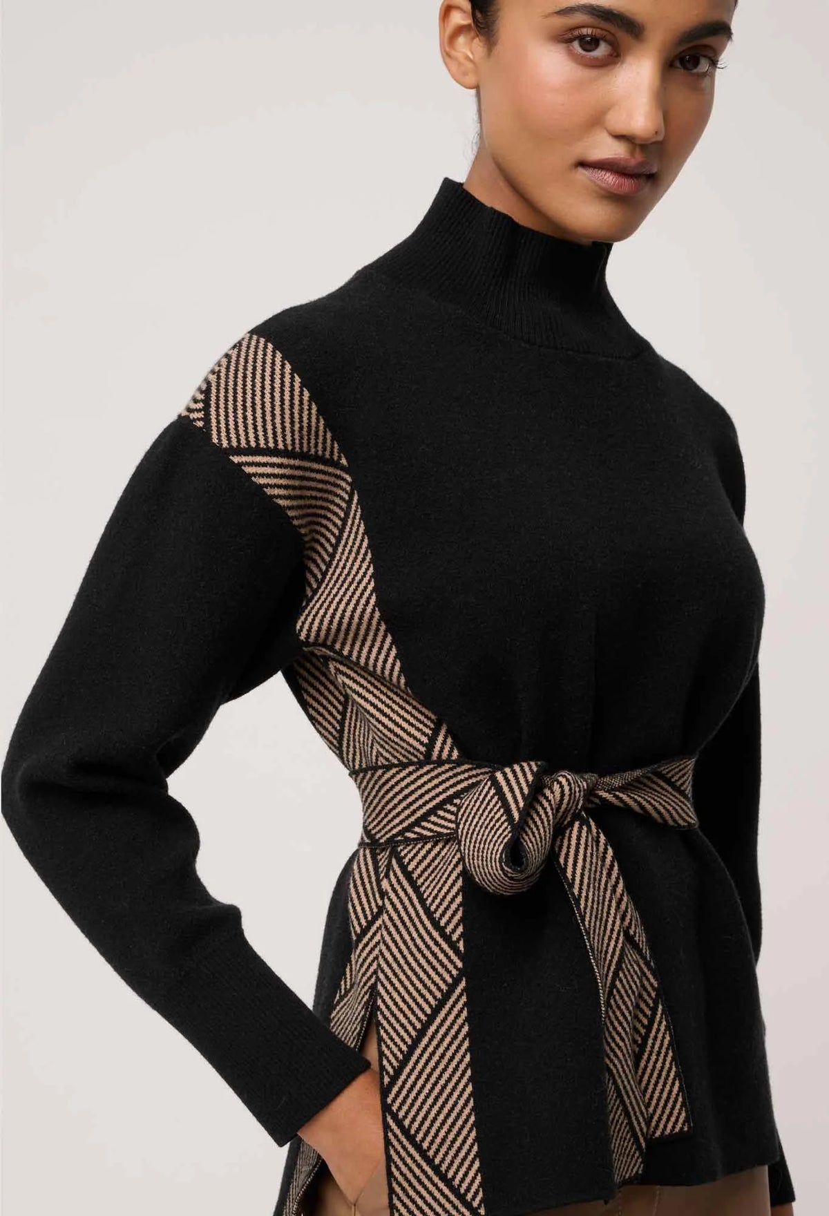 Once Was - Nomadic High Neck Wool Viscose Blend Sweater in Black Chevron