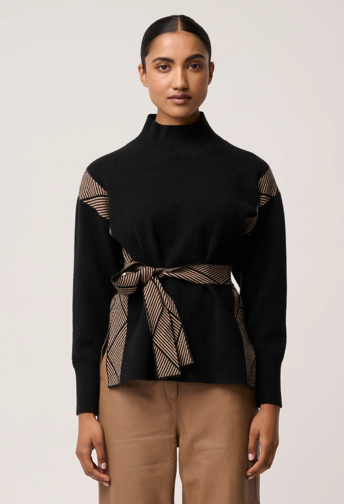 Once Was - Nomadic High Neck Wool Viscose Blend Sweater in Black Chevron